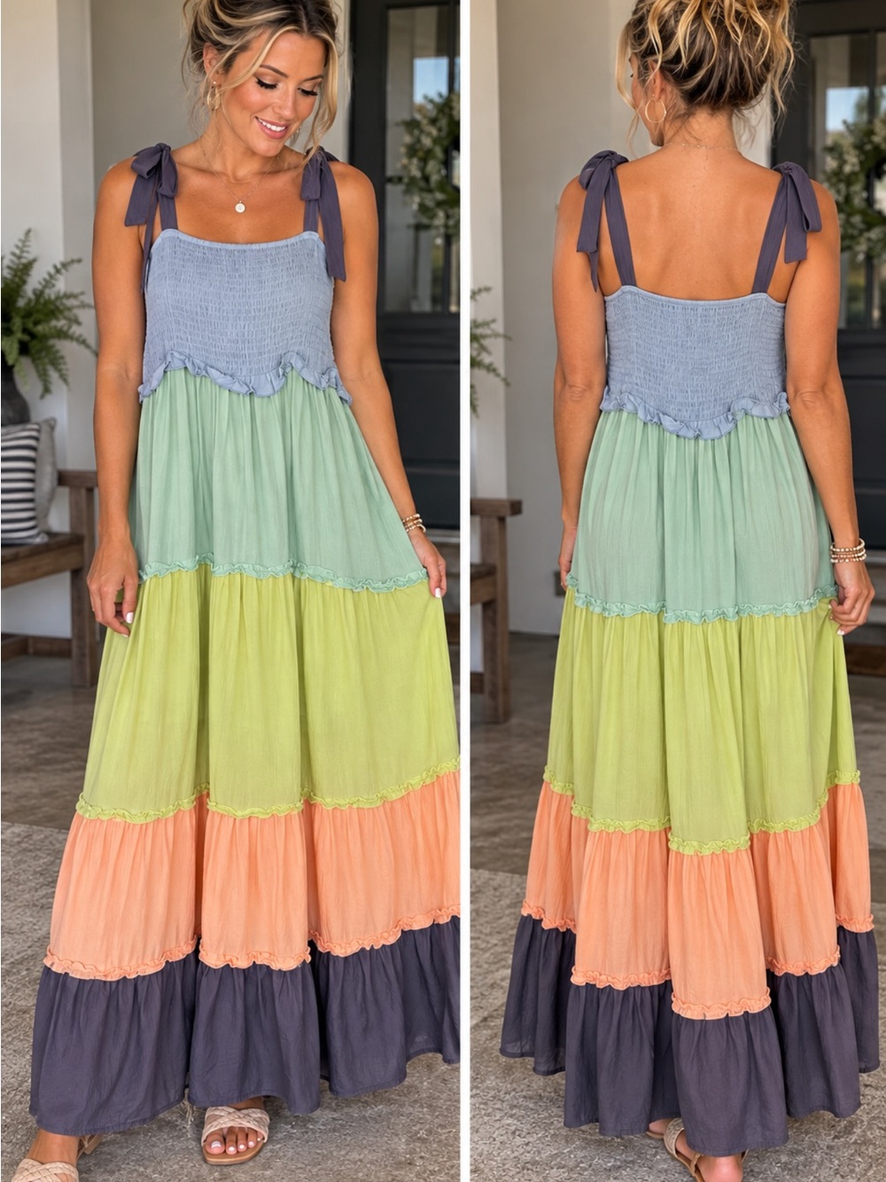 Source Unknown Pastel Multi-Tier Tie-Shoulder Maxi Dress